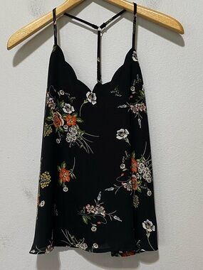 Nine Britton Women’s Scalloped Neck Floral Tank Top Black V-Neck Size Small